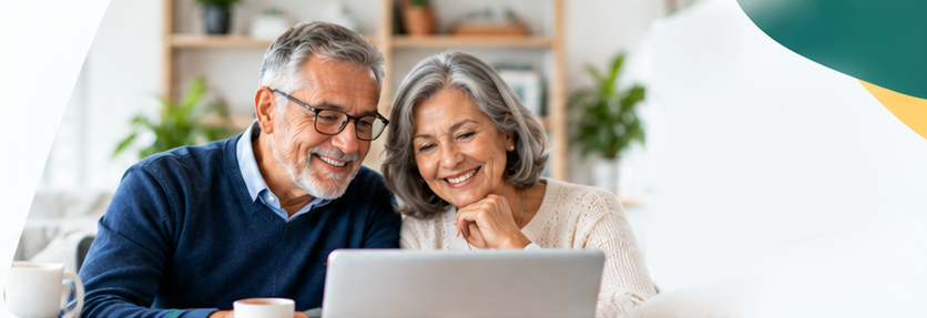 Pareja de pensionados revisando su solicitud de crédito en el computador