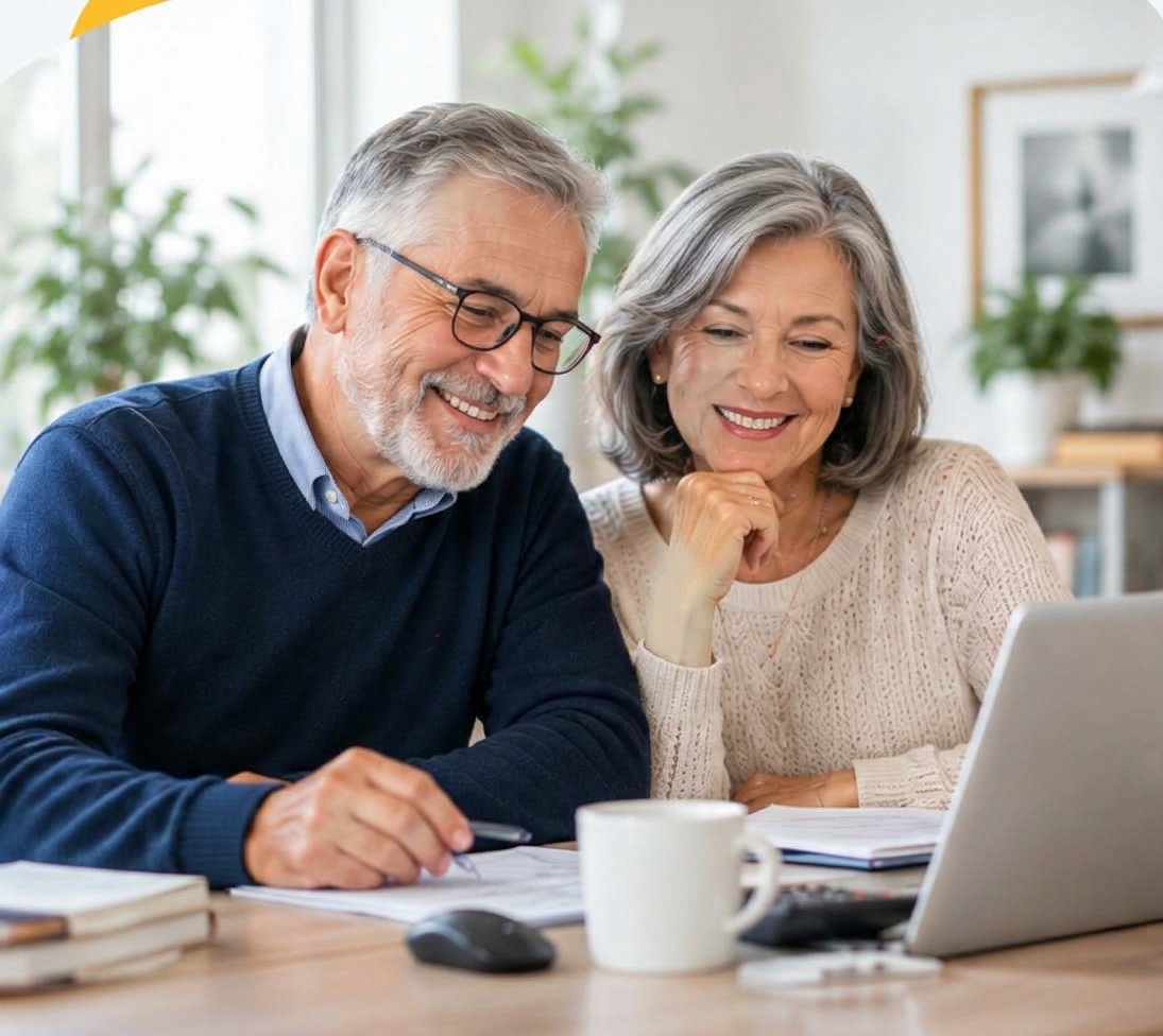 Pareja de pensionados revisando opciones de crédito en su computador