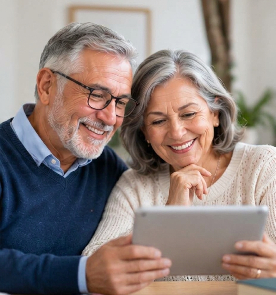 Pareja de pensionados consultando opciones en una tableta