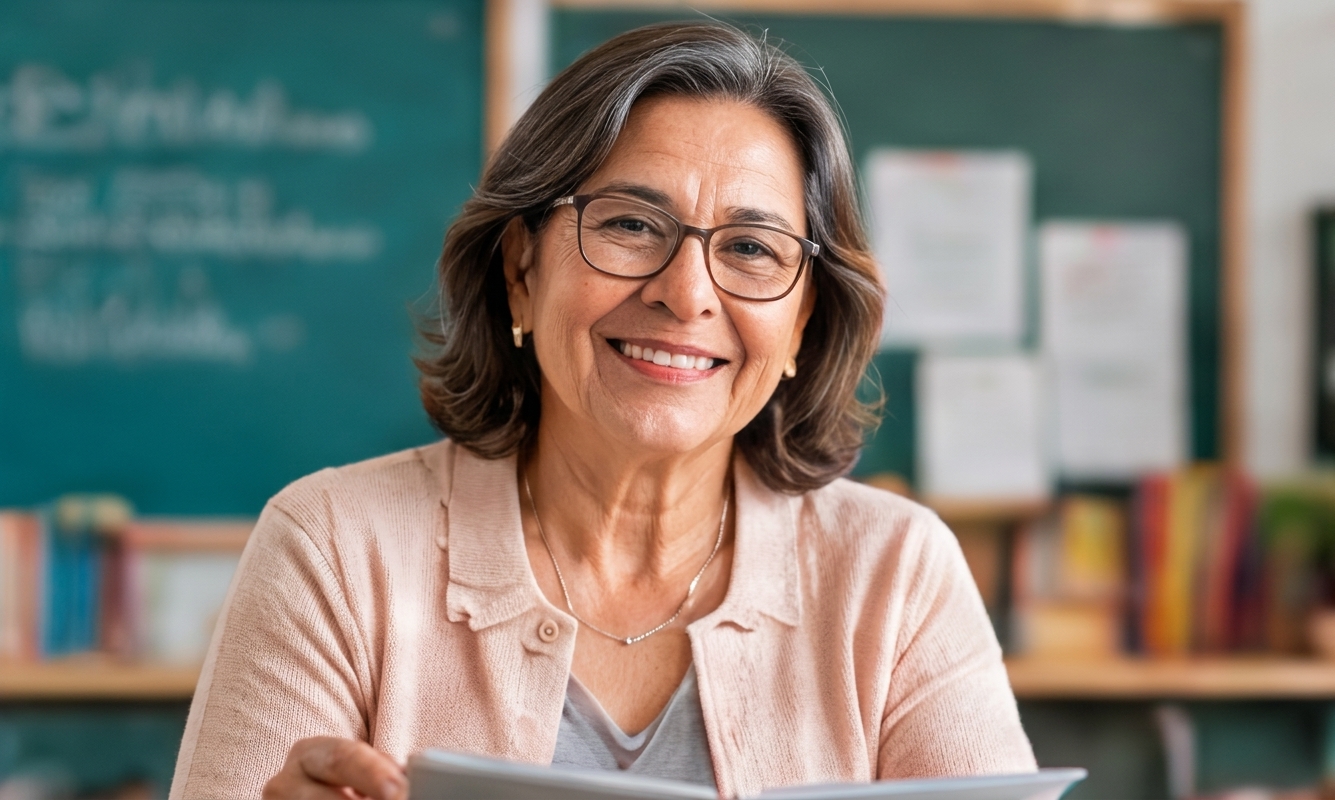 Docente sonriendo en un salón de clases