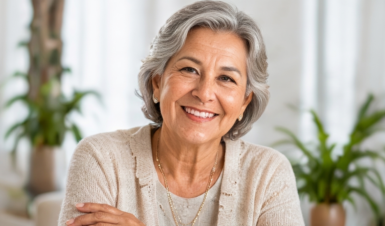 Pensionada sonriendo en su casa