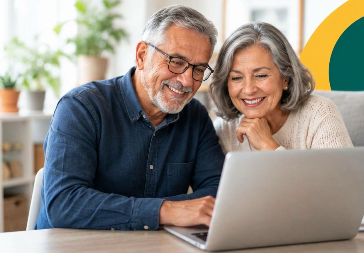 Pareja de pensionados consultando sus opciones de crédito en el computador