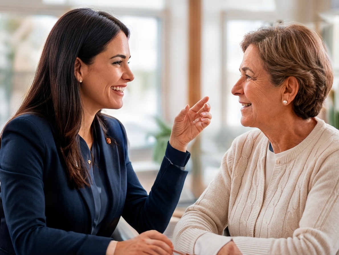 Asesora conversando con una pensionada