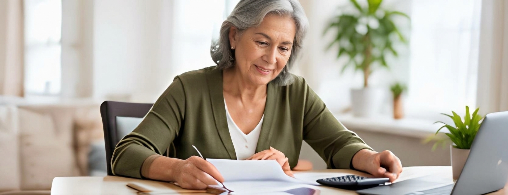 Pensionada revisando sus cuentas con calculadora