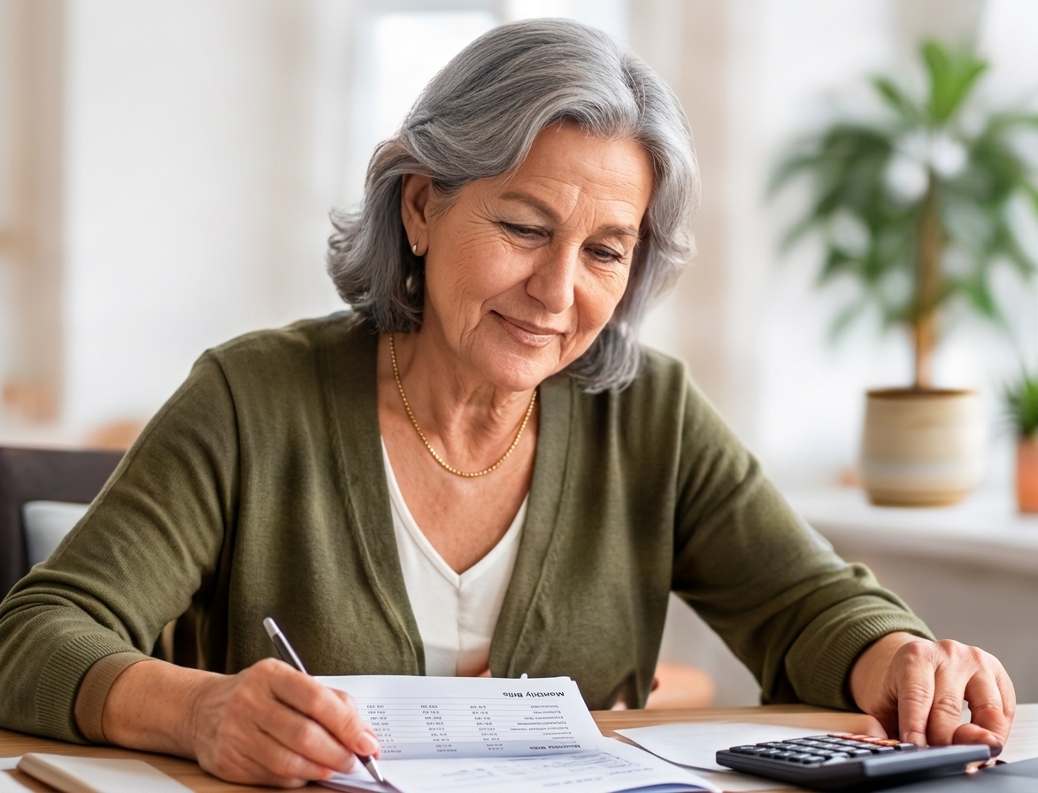 Pensionada organizando sus obligaciones financieras